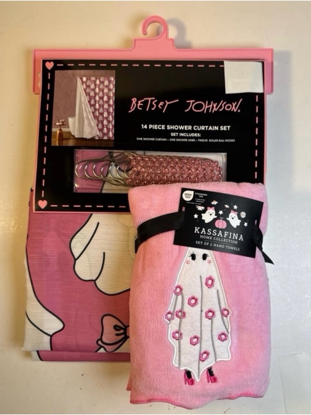 Betsey Johnson Pink Bow Ghost Shower Curtain Set with Hand Towels